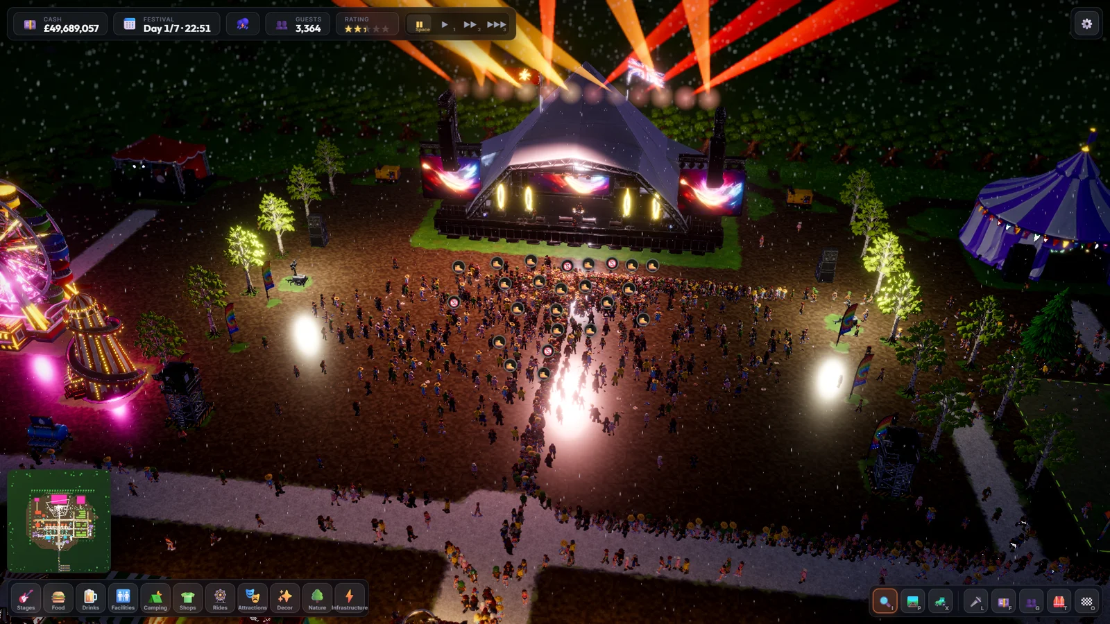 A nighttime headliner performing under colourful stage lights in the rain